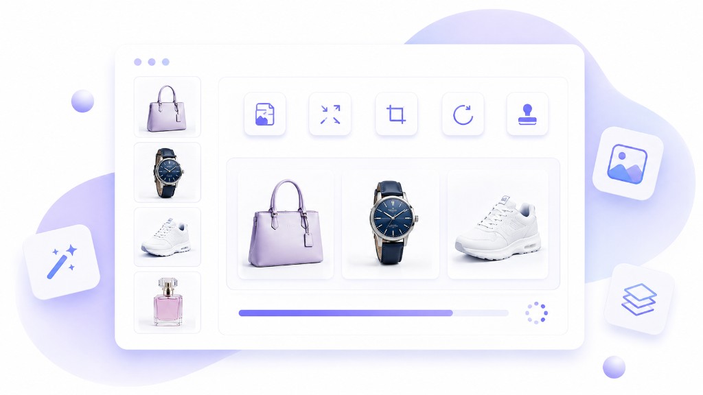 Editor masivo online con herramientas de conversión, compresión, recorte y marca de agua para productos e-commerce